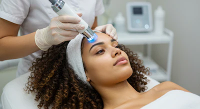 Aesthetician performing microneedling treatment on patient's forehead in professional clinic setting