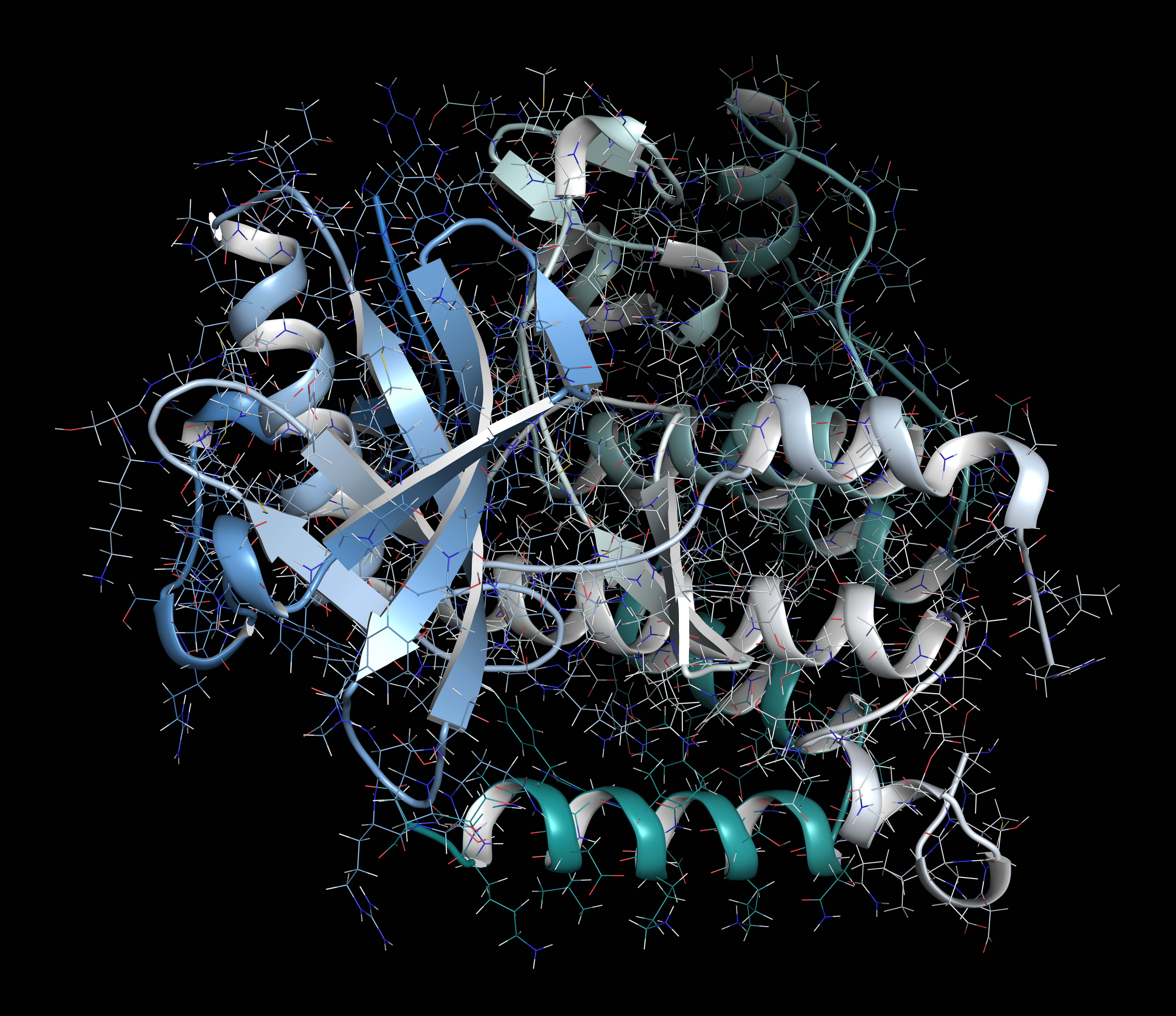 3D protein structure visualization showing blue and white ribbon helices with surrounding molecular atoms and bonds on black background