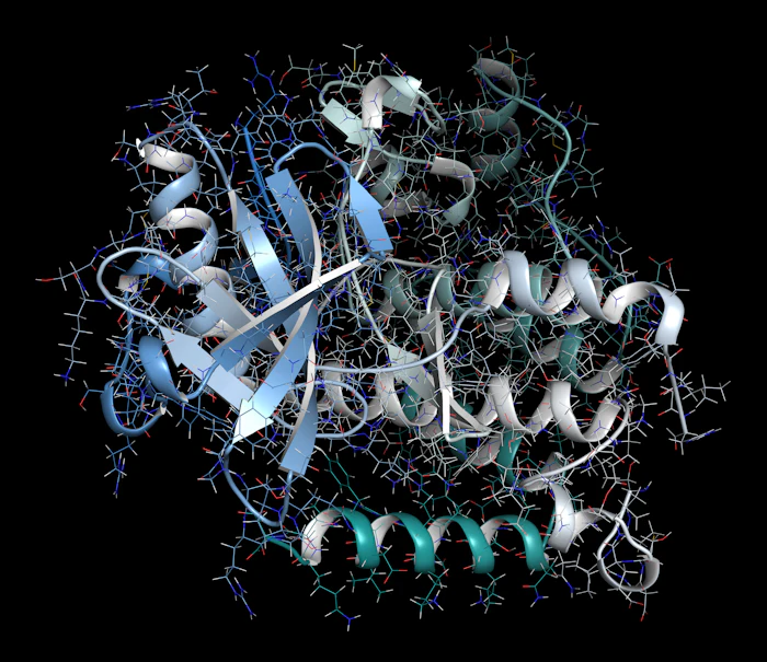 3D protein structure visualization showing blue and white ribbon helices with surrounding molecular atoms and bonds on black background