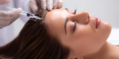 Healthcare professional applying scalp treatment with brush applicator during medical procedure