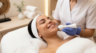 Aesthetician performing facial treatment with handheld device on relaxed client in spa setting