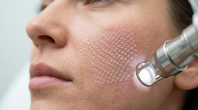Microneedling treatment being performed on patient's cheek with handheld dermatological device