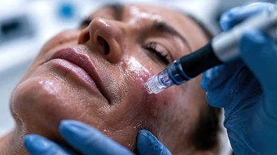 Dermatologist performing microneedling treatment on patient's face with handheld device