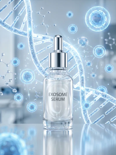 Exosome serum dropper bottle with DNA helix and molecular cell graphics on blue background