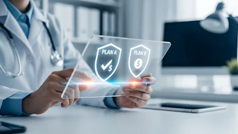 Doctor holding transparent tablet displaying Plan A and Plan B insurance options with shield icons in medical office