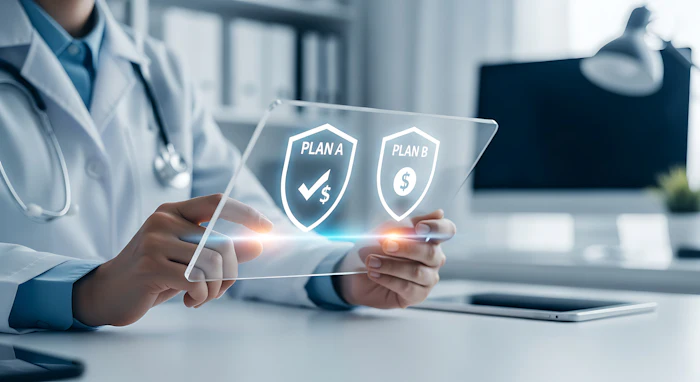 Doctor holding transparent tablet displaying Plan A and Plan B insurance options with shield icons in medical office