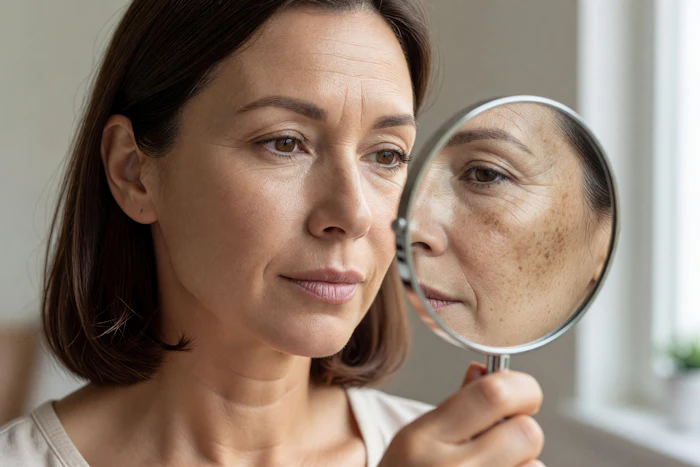 Woman examining her face with magnifying mirror, showing skin texture and aging signs