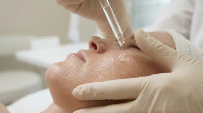 Dermatologist applying facial serum with dropper during professional skincare treatment