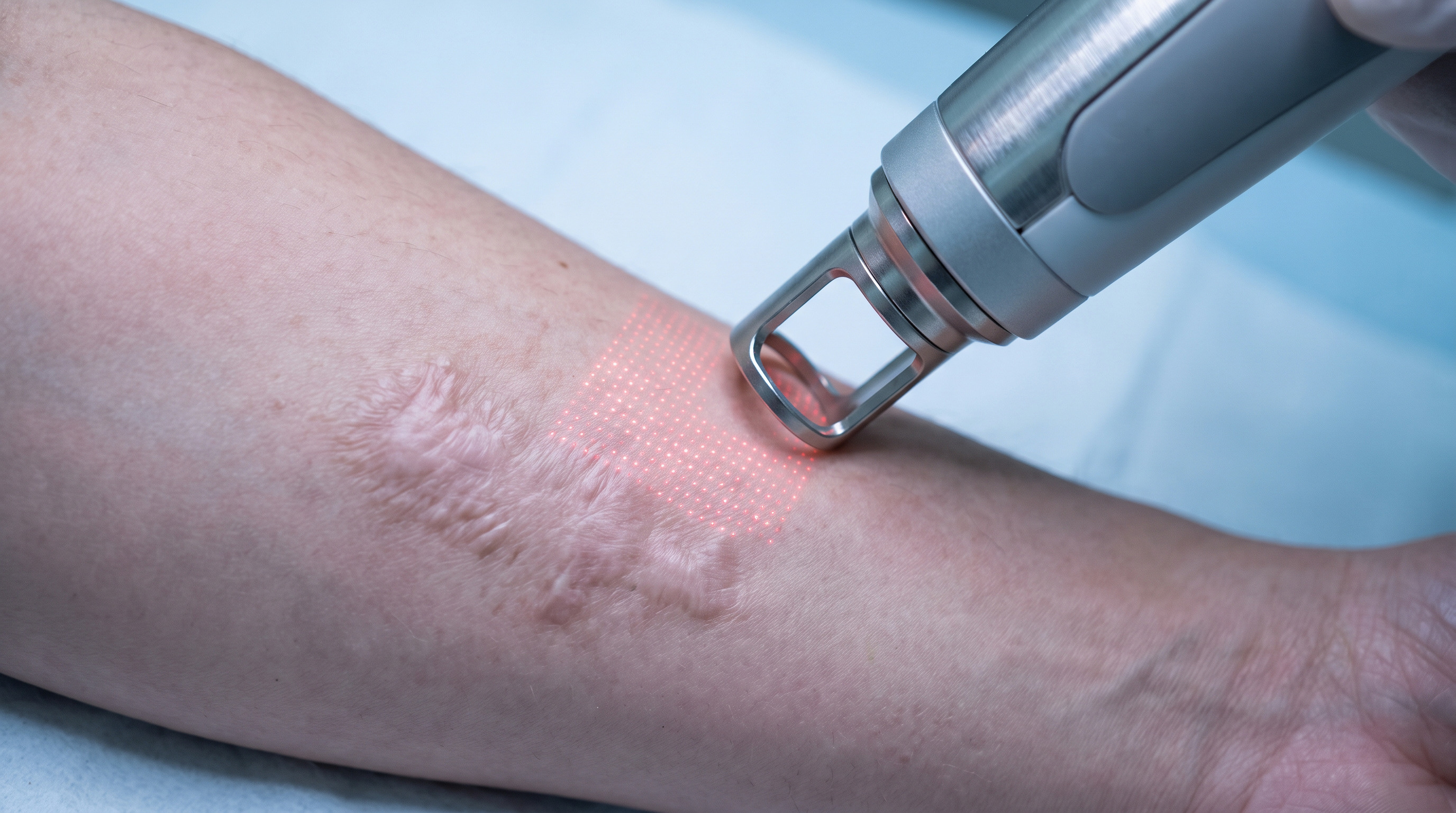 Laser or microneedling device treating facial scars on patient skin during cosmetic procedure