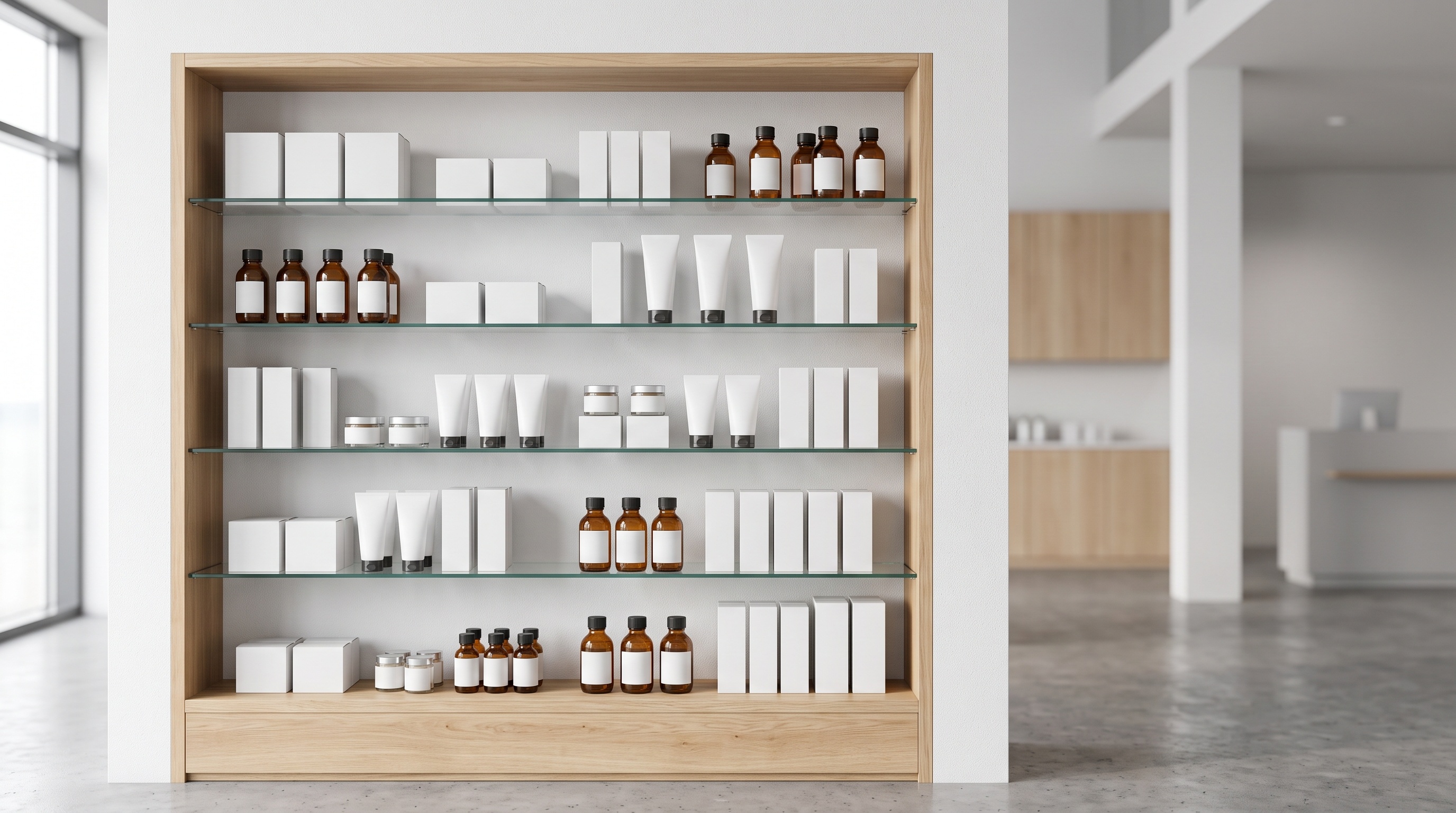 Modern wooden shelving unit displaying skincare and wellness products including amber bottles, white containers, and tubes in a bright retail space.