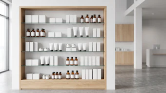 Modern wooden shelving unit displaying skincare and wellness products including amber bottles, white containers, and tubes in a bright retail space.