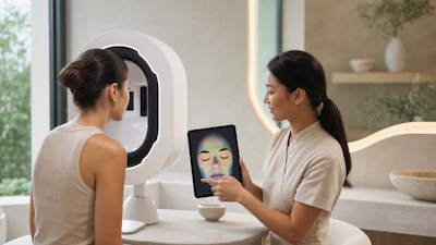 Woman using facial analysis device while another woman views results on tablet in modern skincare consultation