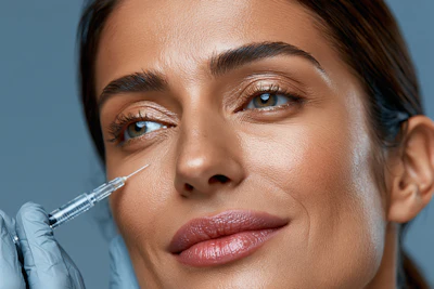 Woman receiving dermal filler injection on cheekbone during cosmetic procedure