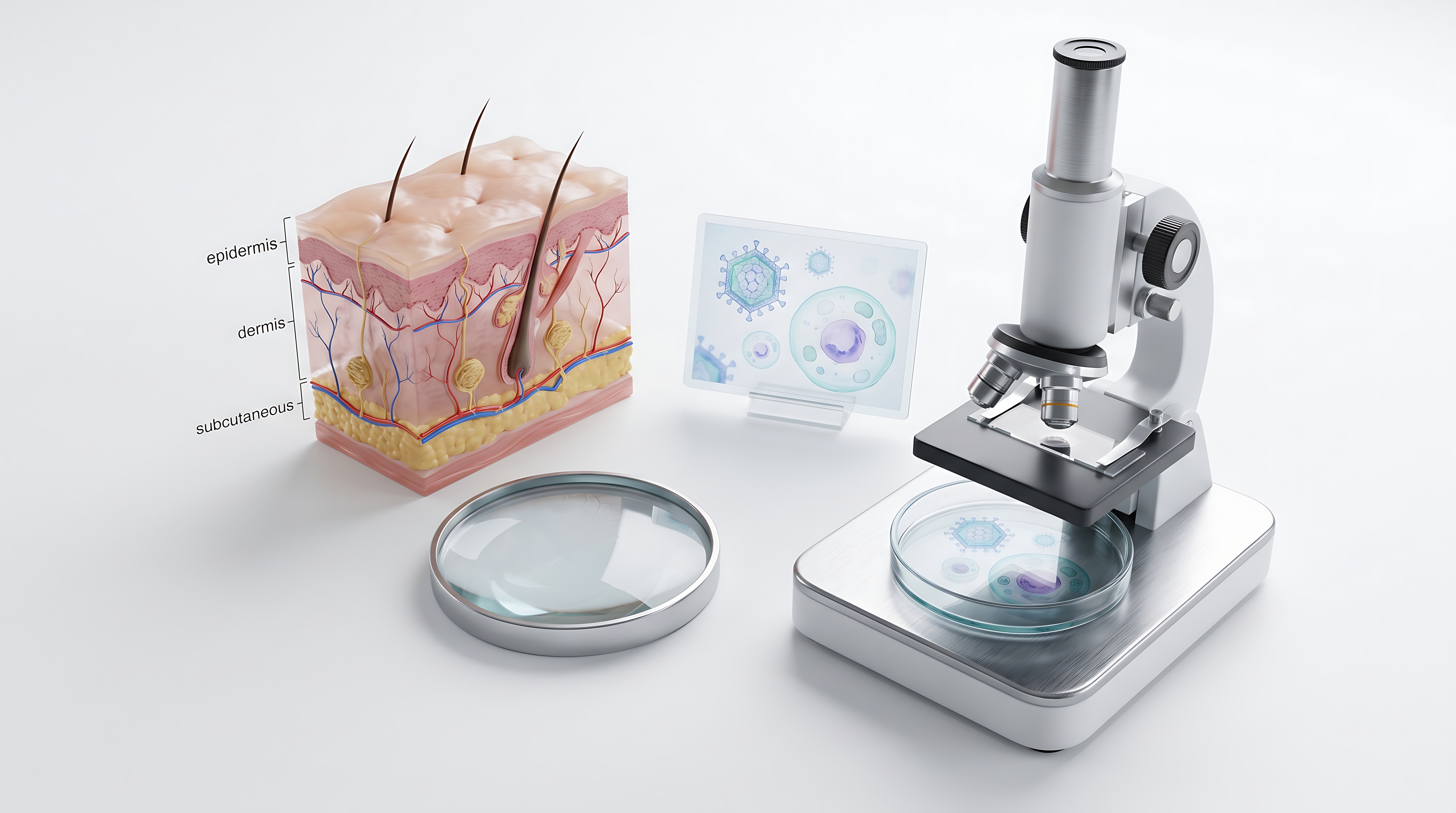 Scientific laboratory equipment including microscope, petri dish, magnifying glass, and skin tissue diagram with microorganism illustrations