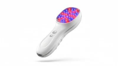 White handheld red light therapy device with LED panel emitting red and blue lights
