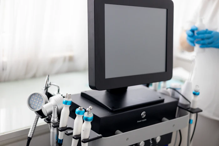 Medical diagnostic equipment with multiple handheld instruments and monitor display in clinical setting