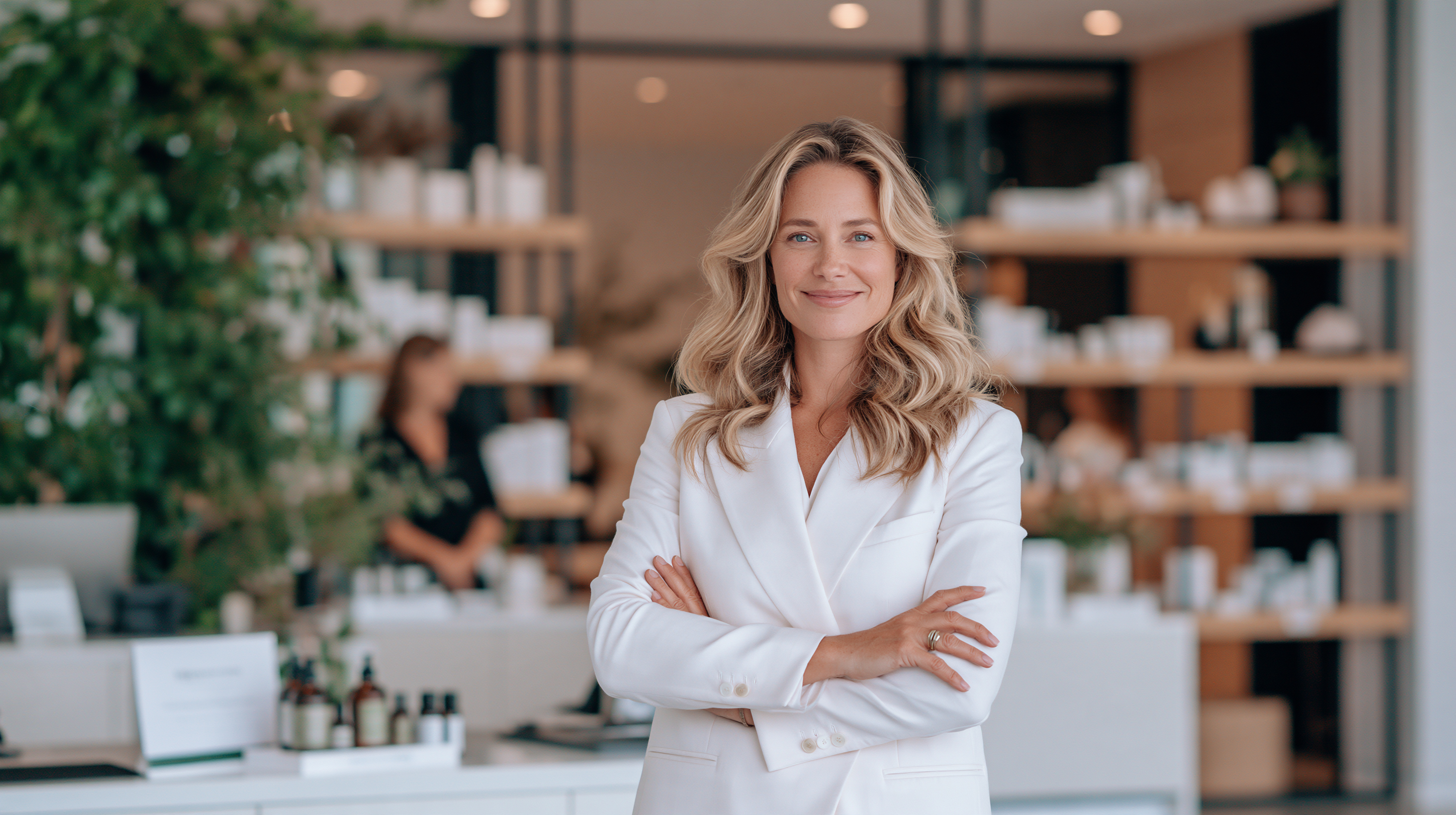 Professional woman with blonde wavy hair wearing white blazer standing confidently in modern spa retail environment with shelving and products