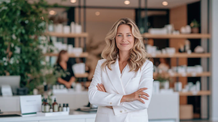 Professional woman with blonde wavy hair wearing white blazer standing confidently in modern spa retail environment with shelving and products