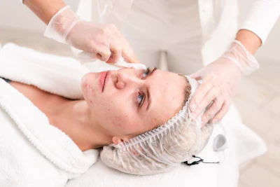 Esthetician performing facial treatment on client with professional skincare equipment