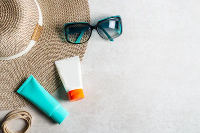 Flat-lay beach essentials including sunglasses, sunscreen bottles, straw hat, and rope on white concrete background
