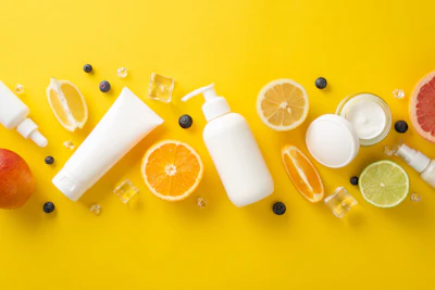 Skincare products with citrus fruits and berries on yellow background