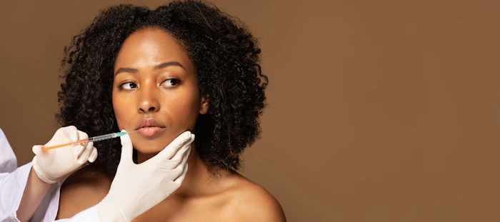 Woman receiving cosmetic injection from healthcare professional during dermatological procedure