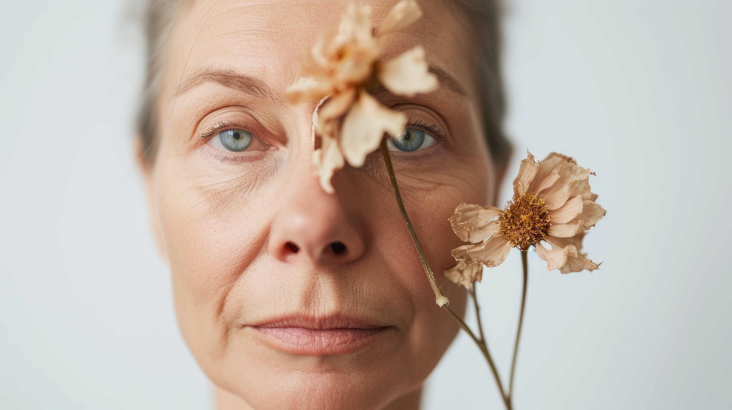 Woman's face with wilted flowers symbolizing aging and the passage of time