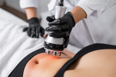 Aesthetic professional using radiofrequency device for skin treatment on patient's abdomen