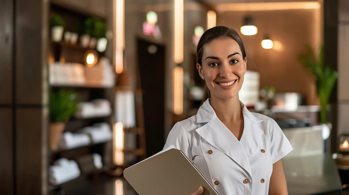 Smiling female spa professional in white uniform holding tablet in modern wellness center
