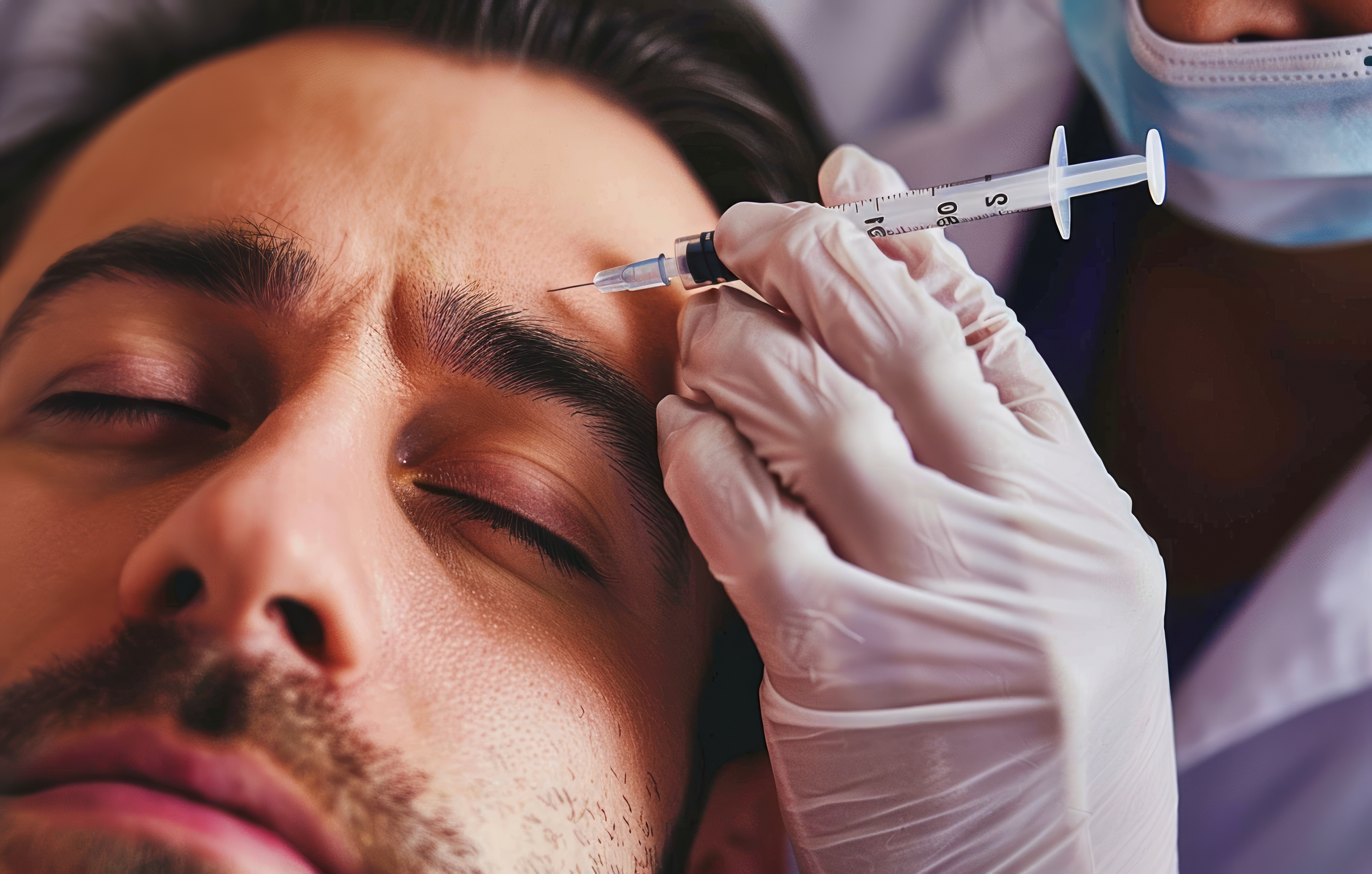 Healthcare professional administering facial injection treatment to patient during cosmetic procedure