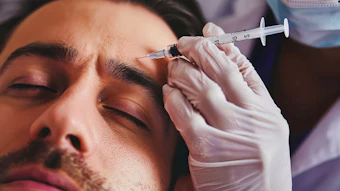 Healthcare professional administering facial injection treatment to patient during cosmetic procedure