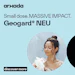 Geogard NEU skincare product advertisement featuring woman in shower with text 'Small dose. MASSIVE IMPACT.'