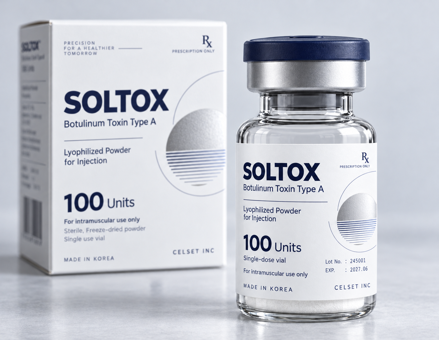 SOLTOX Botulinum Toxin Type A 100 Units pharmaceutical vial and packaging box made in Korea