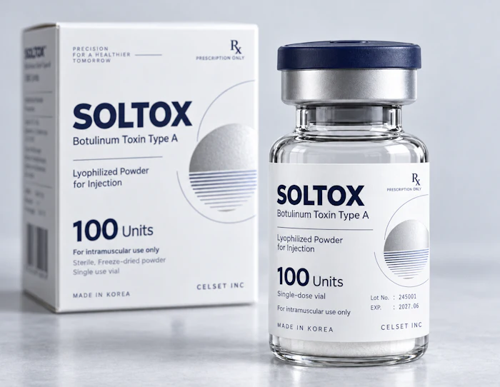 SOLTOX Botulinum Toxin Type A 100 Units pharmaceutical vial and packaging box made in Korea