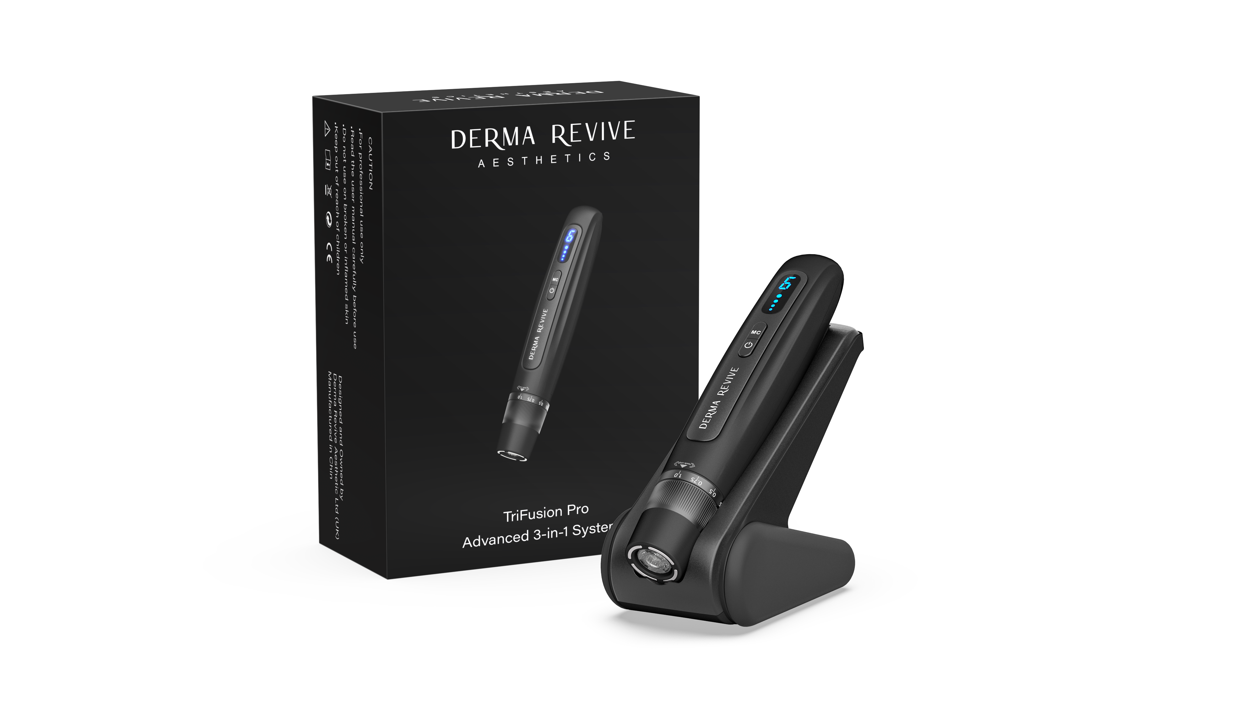 Derma Revive TriFusion Pro Advanced 3-in-1 microneedling device with black packaging box and charging dock