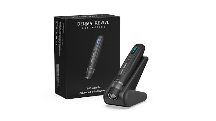 Derma Revive TriFusion Pro Advanced 3-in-1 microneedling device with black packaging box and charging dock