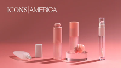 Collection of cosmetic bottles and skincare products arranged on pink gradient background with Icons America branding