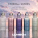Five Ethereal Shades cosmetic bottles in gradient colors displayed on a beach at sunset with golden light and clouds