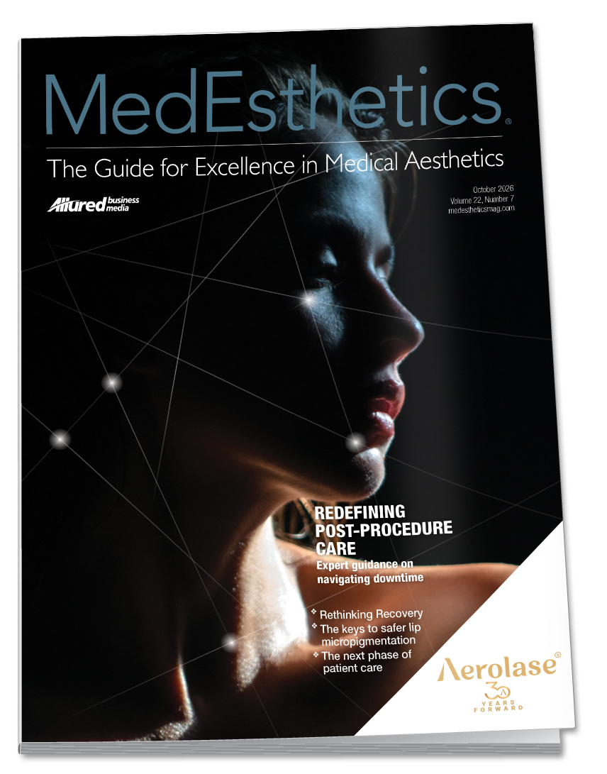 MedEsthetics magazine cover featuring medical aesthetics guide with profile portrait and post-procedure care article
