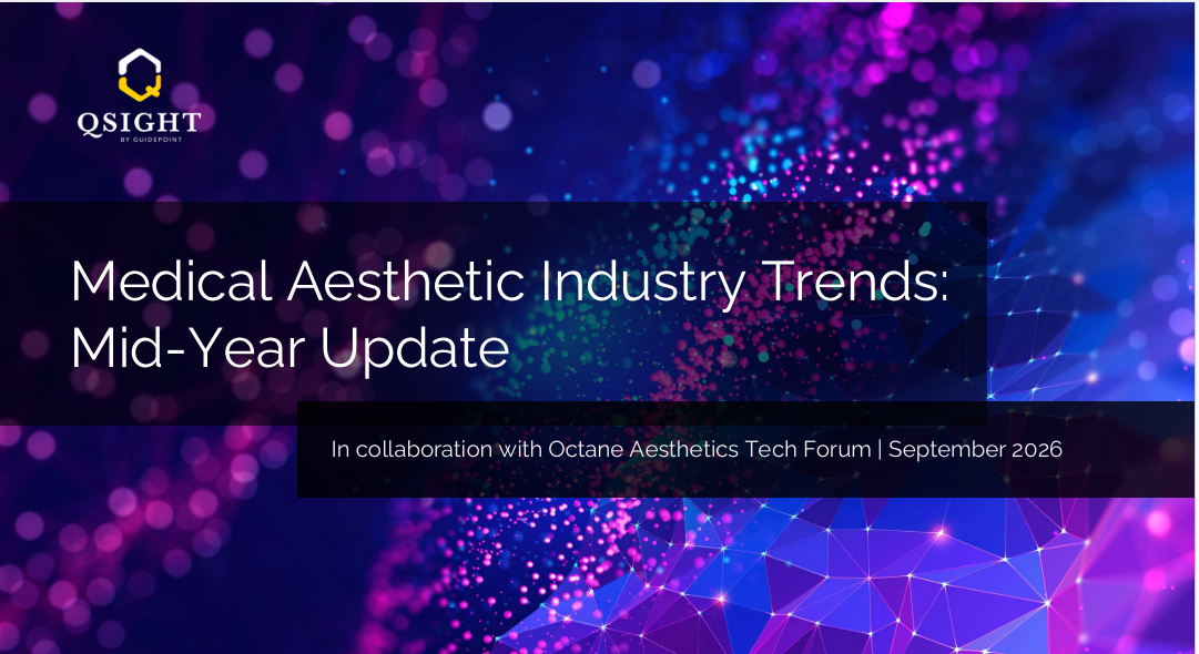 QSIGHT logo on medical aesthetic industry trends presentation slide with purple and blue digital particles background
