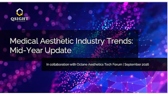 QSIGHT logo on medical aesthetic industry trends presentation slide with purple and blue digital particles background