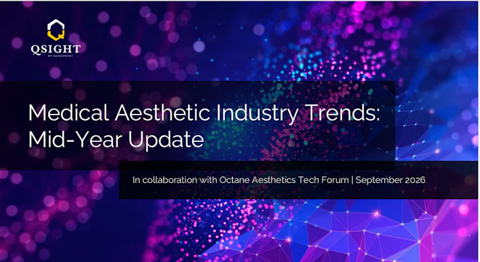 QSIGHT logo on medical aesthetic industry trends presentation slide with purple and blue digital particles background
