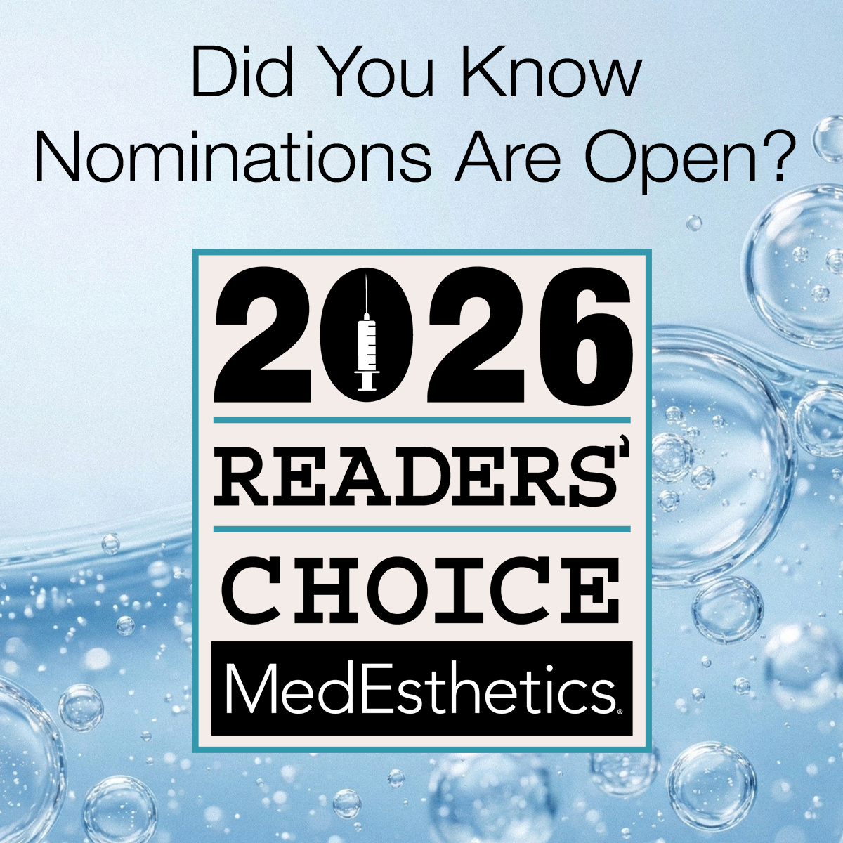 2026 Readers' Choice award badge for MedEsthetics with teal border and water bubble background