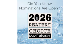 2026 Readers' Choice award badge for MedEsthetics with teal border and water bubble background