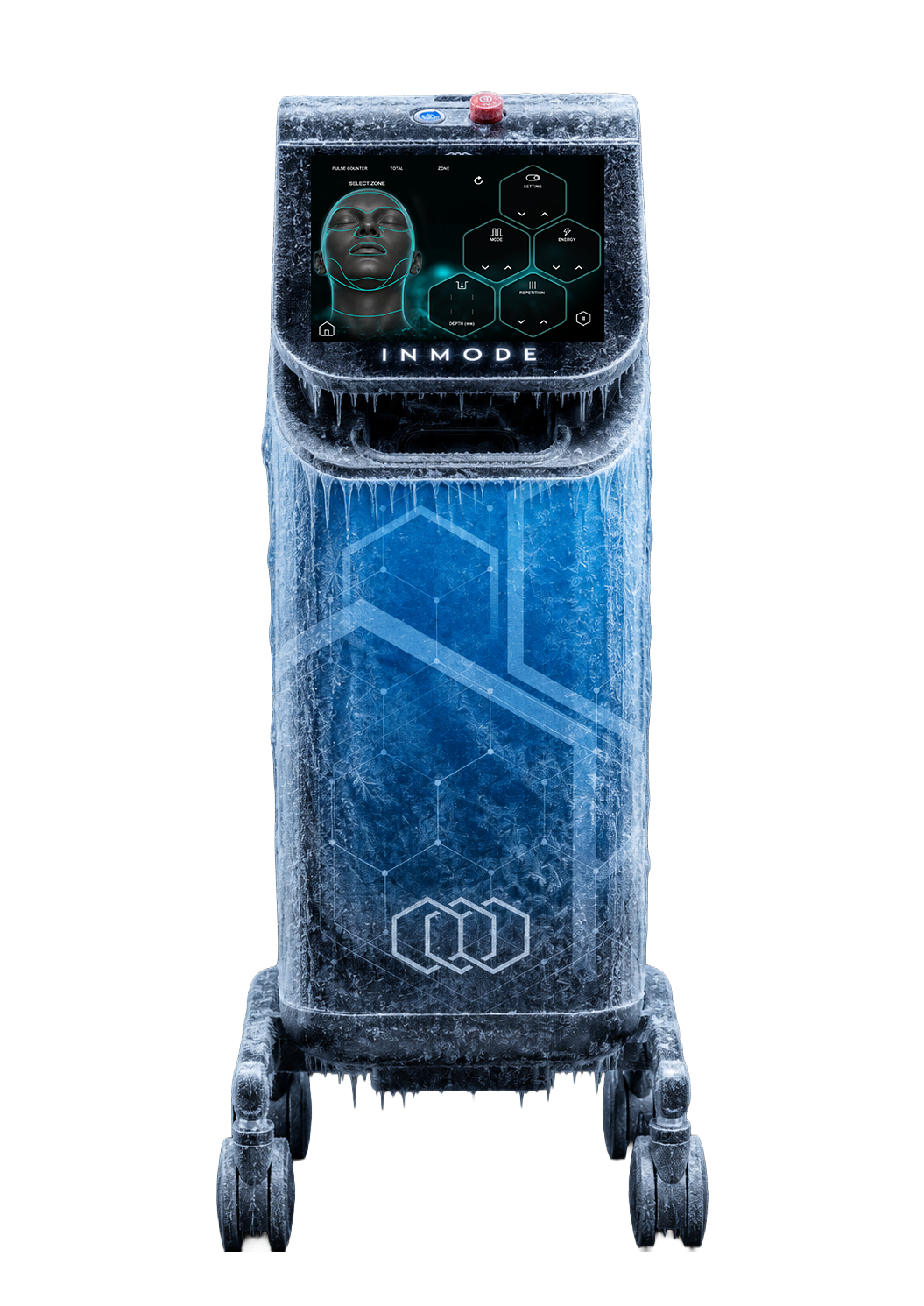 INMODE medical device with frozen texture, featuring touchscreen control panel and hexagonal branding