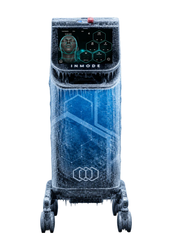 INMODE medical device with frozen texture, featuring touchscreen control panel and hexagonal branding