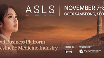 ASLS November 7-8, 2026 event banner featuring woman's profile against Seoul landmark at sunset, promoting global aesthetic medicine industry platform at COEX Samseong