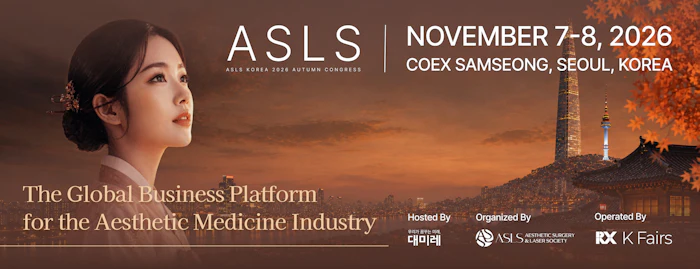 ASLS November 7-8, 2026 event banner featuring woman's profile against Seoul landmark at sunset, promoting global aesthetic medicine industry platform at COEX Samseong