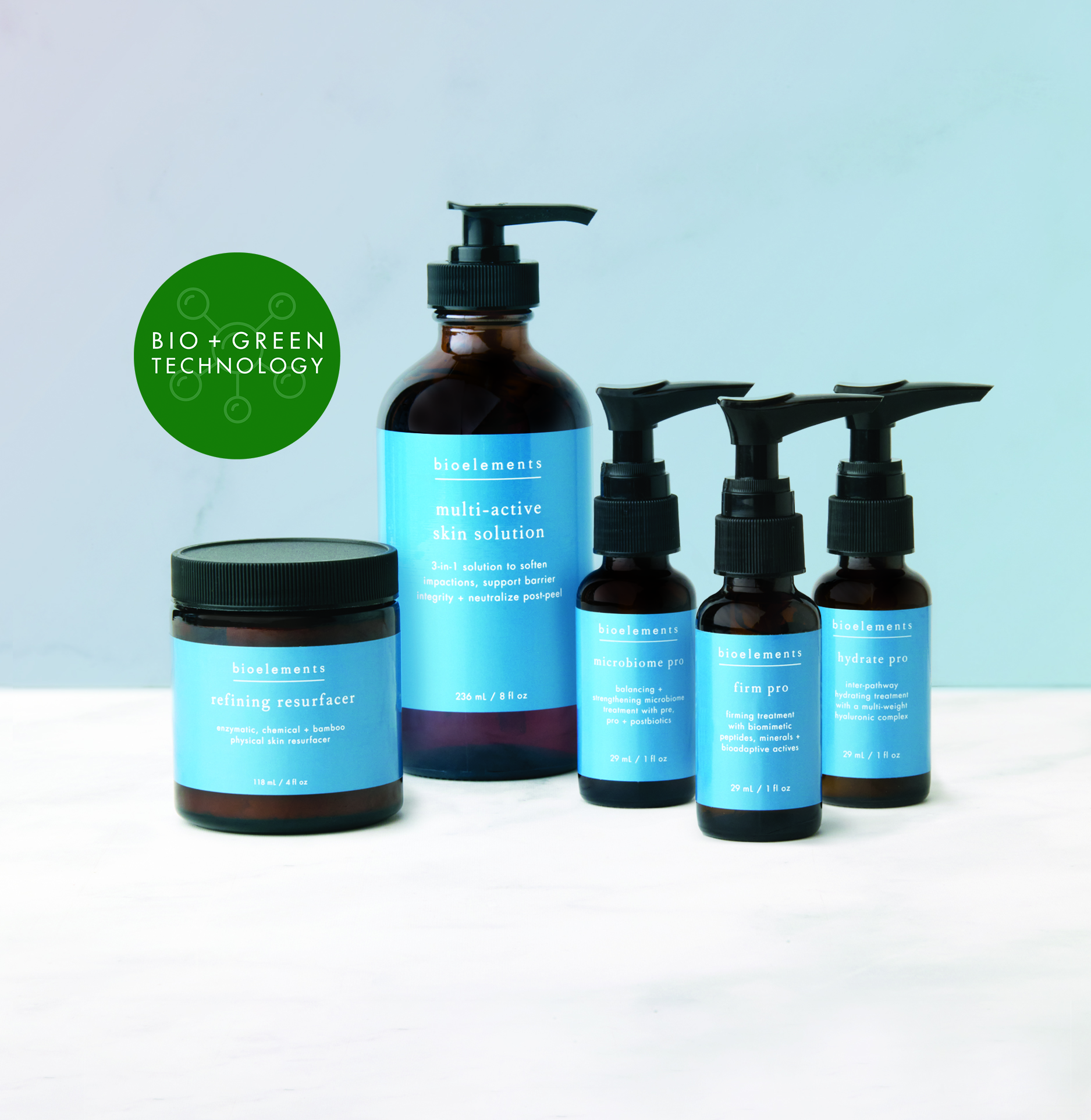 BIO + GREEN TECHNOLOGY logo with circular green badge displayed alongside skincare product bottles