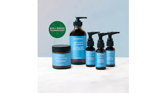 BIO + GREEN TECHNOLOGY logo with circular green badge displayed alongside skincare product bottles